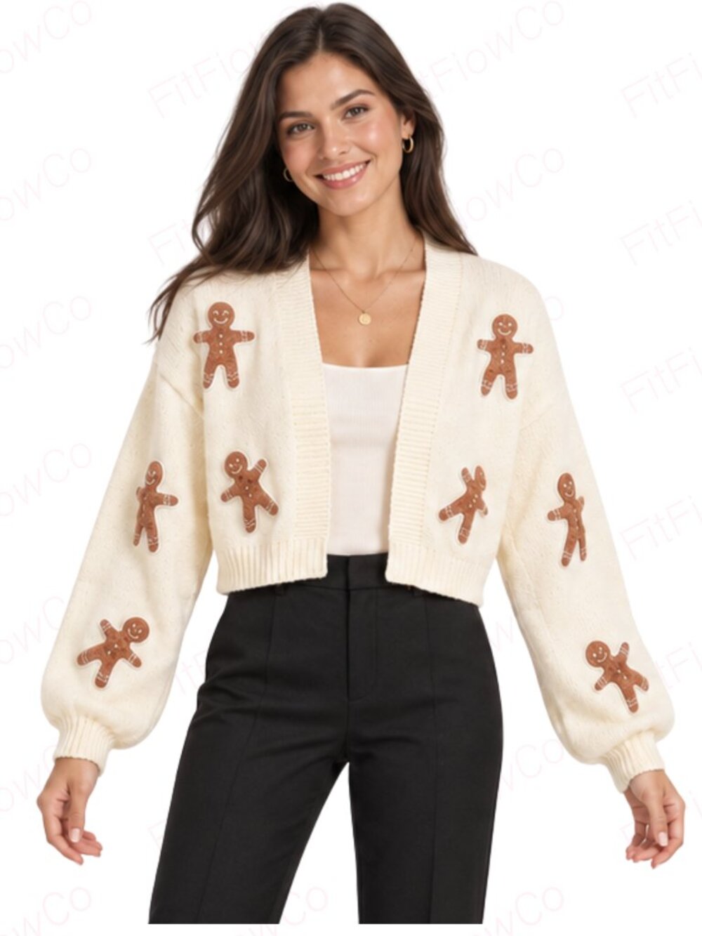 Gingerbread Christmas Cropped Cardigan Sweater Ivory Size M